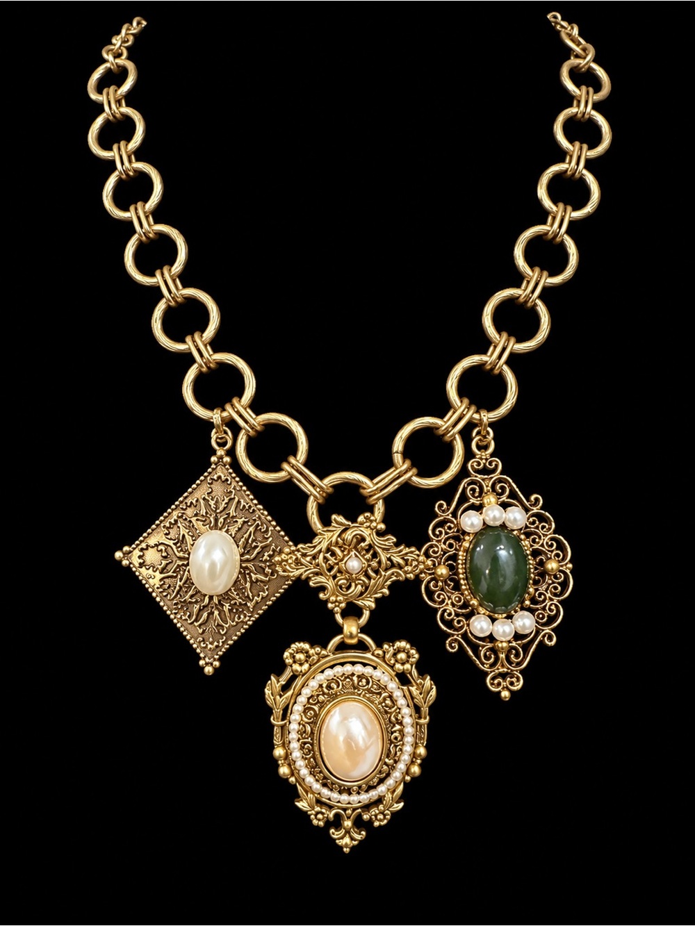Gold-Tone Pendant Statement Necklace with Pearl and Green Stone Accents